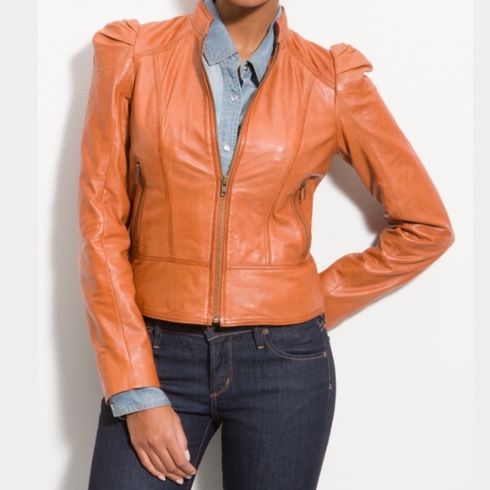 Hinge Puff Shoulder Tan Leather Jacket
